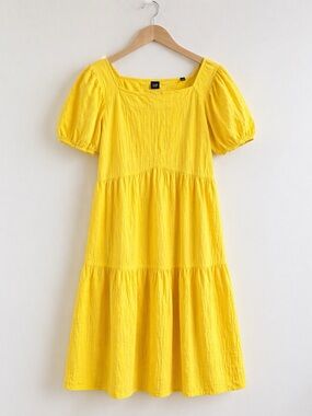 Gap Lemon Yellow Puff Sleeve Tiered Midi Dress Women’s Medium 100% Cotton